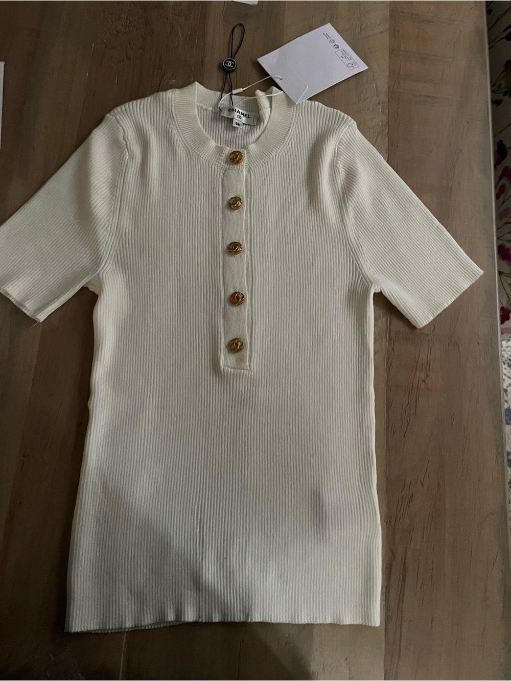 CHANEL Cream Ribbed Short-Sleeve Polo with Gold Buttons